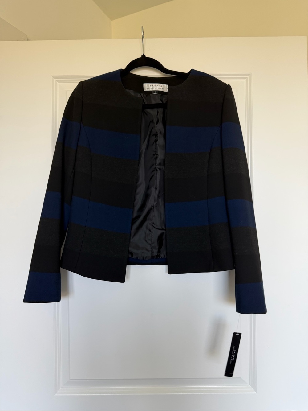 Tahari Striped Navy and Black Open-Front Women's Jacket